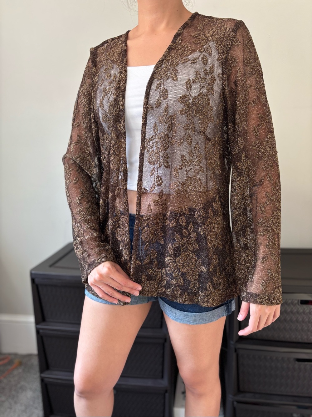 Vintage Grunge Gold Sheer Lace Floral Lon Sleeve Whimsygoth Shawl Cardigan Large